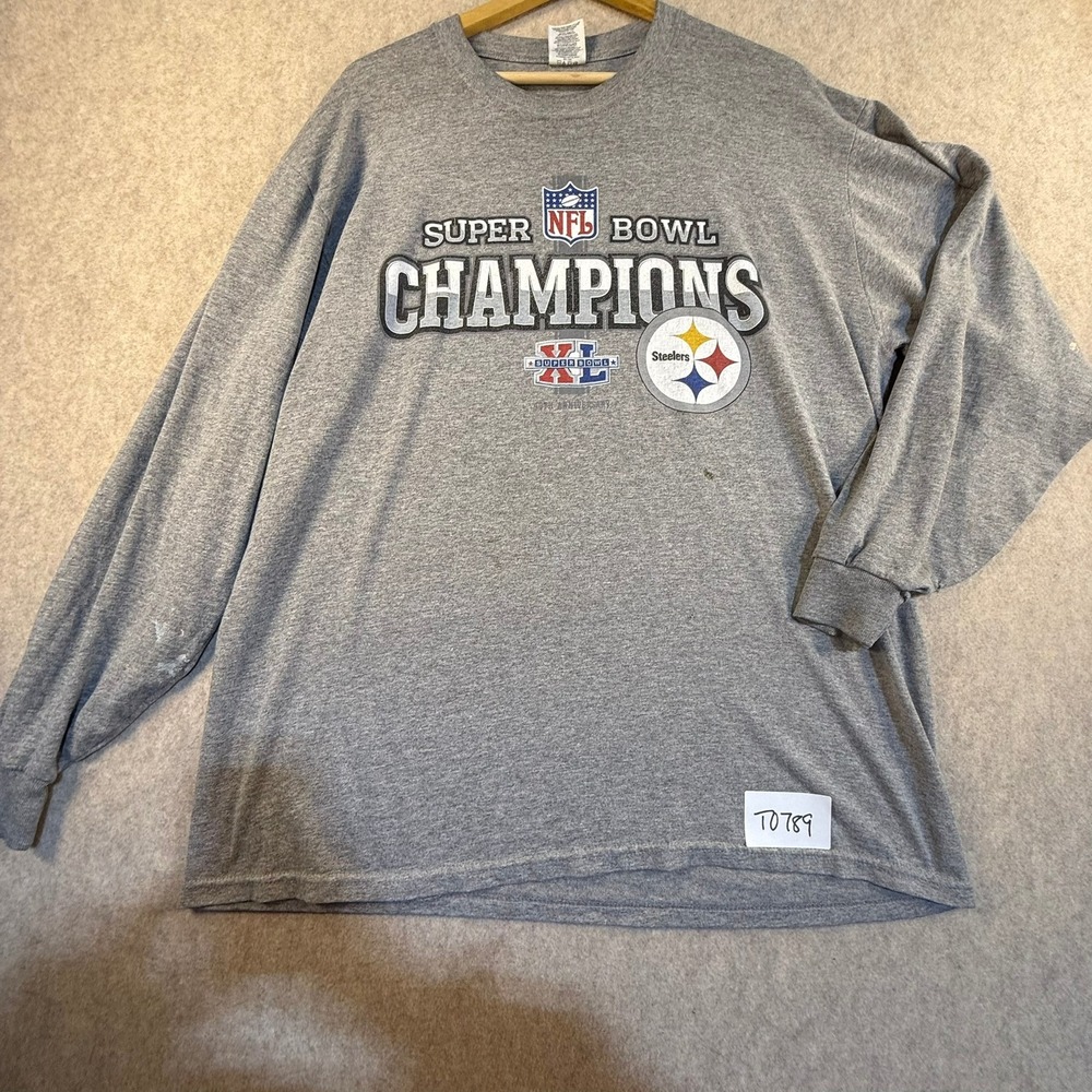 Pittsburgh Steelers Super Bowl XL Champions Jerzees Long Sleeve Gray‎ Shirt XL